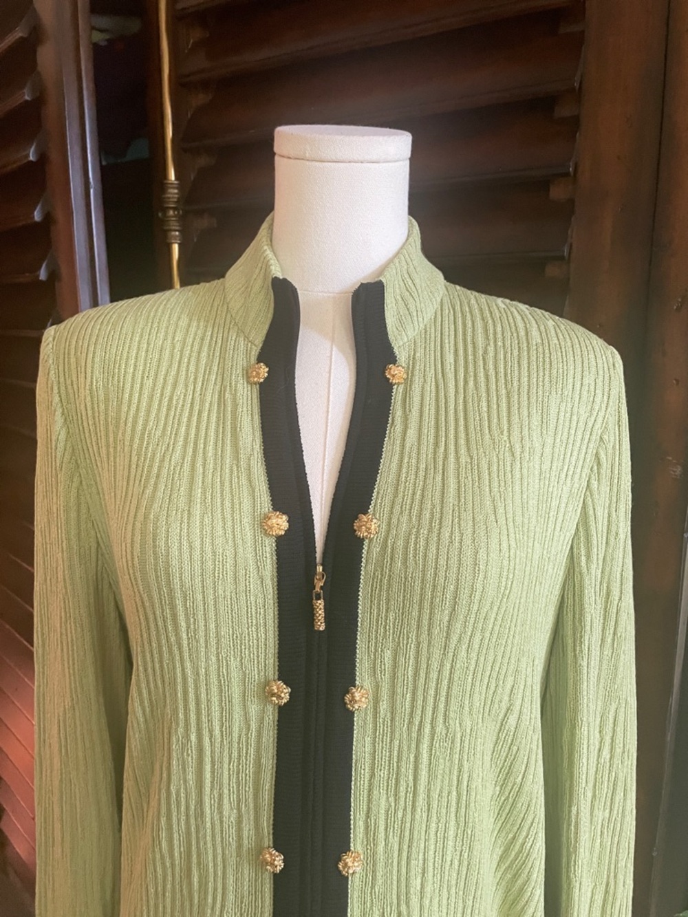 St John Ribbed Long Cardigan with Black Trim Gold Logo Buttons Size 10 - Picture 2 of 15